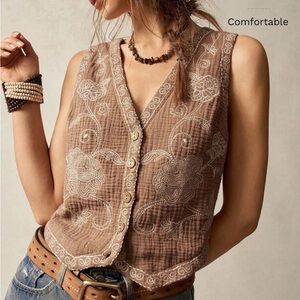SHEIN Brown Embroidered Button-Up Blouse